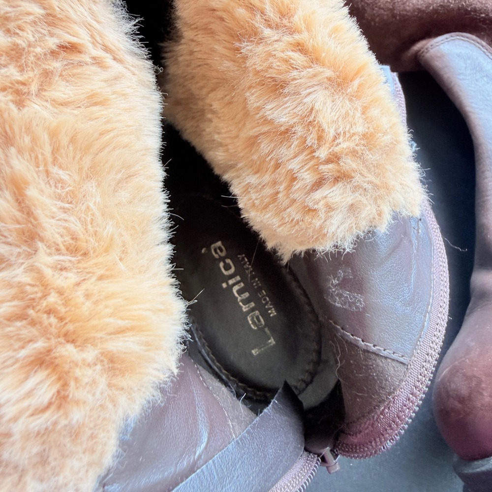 Larnica Brown Leather Suede Lug Sole Faux Fur Lined Boots Size 40 Made in Italy - Picture 4 of 12